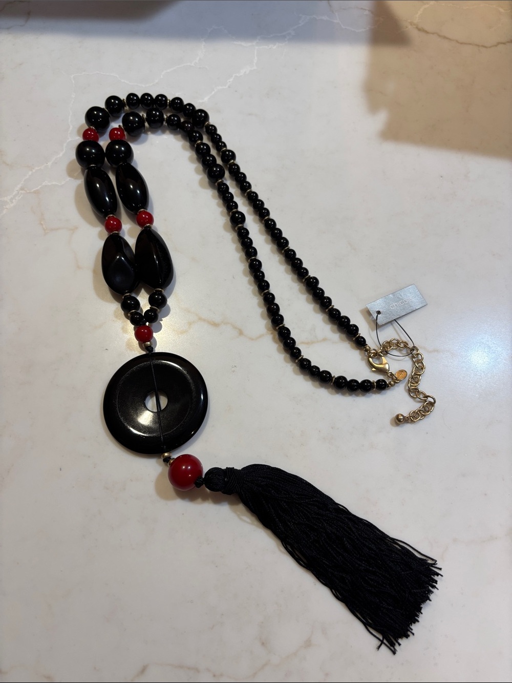 Chico's Black and Red Beaded Tassel Necklace
